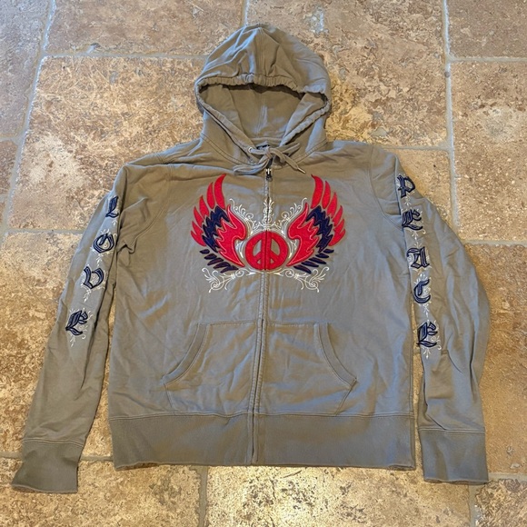 Lucky Brand Women Gray Red Love Peace Wing Full Zip Hoodie Y2K Jacket Size XL - Picture 1 of 8